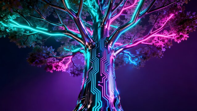Neon glowing tree with circuit design
