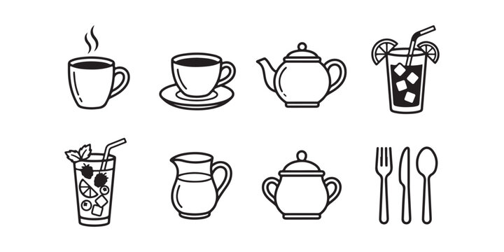 Set of minimalist line art icons for beverages and kitchenware
