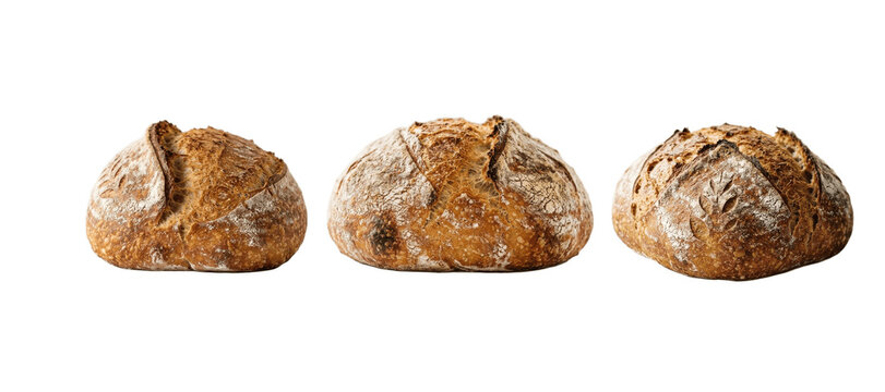 Crusty artisan loaves: three round rustic breads dusted with flour, lined up on a white background, showcasing golden crusts, scoring patterns, and hearty texture

