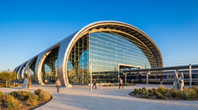 Contemporary Arched Train Station Architecture with Glass Facade and Commuters