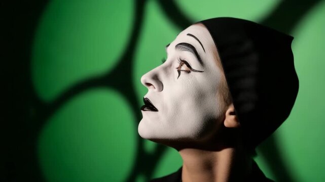 Mime artist with white face paint looking upwards in dramatic green light