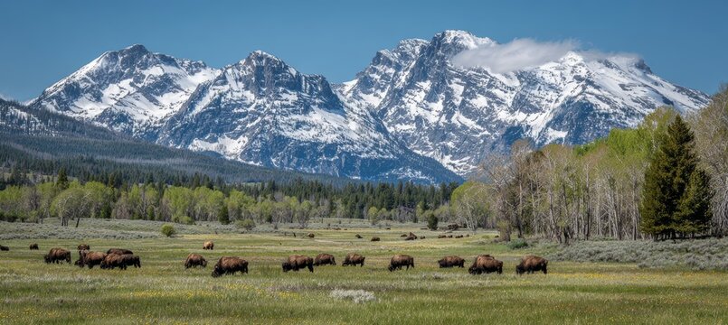 Wild bison herd at national park with snow mountain peak background. Generative AI technology.	
