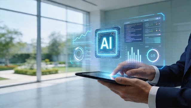 Businessman using tablet futuristic hologram displaying artificial intelligence technology AI chip data analytics charts modern office workspace digital interface smart device