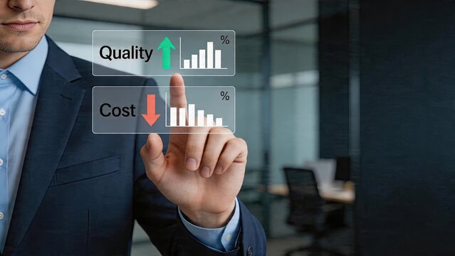 Businessman interacting with digital interface showing quality increasing and cost decreasing charts successful strategy for financial growth modern office background