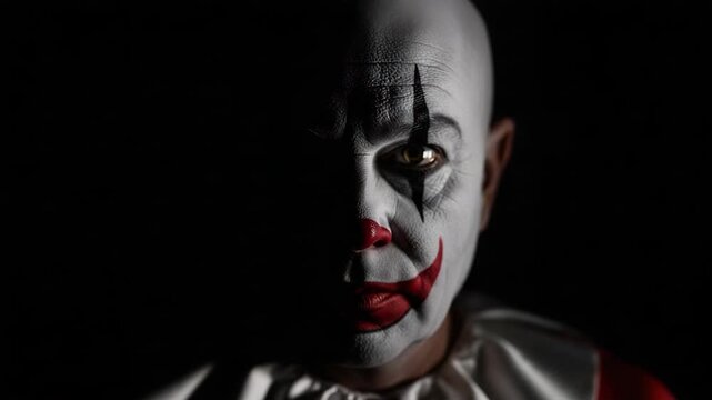Dramatic portrait of a clown with half his face in deep shadow