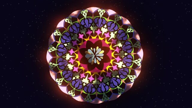 Vibrant and Colorful Mandala on a Dark Starry Background, Colorful Mandala, A colorful mandala design with intricate patterns and a central pink flower.