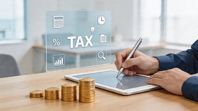 Business man using tablet for digital tax calculation in office with holographic interface stack of golden coins representing finance and income growth on desk