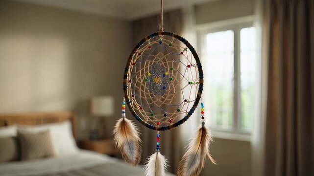 Intricately woven dreamcatcher with colorful beads and feathers hanging in a softly lit bedroom