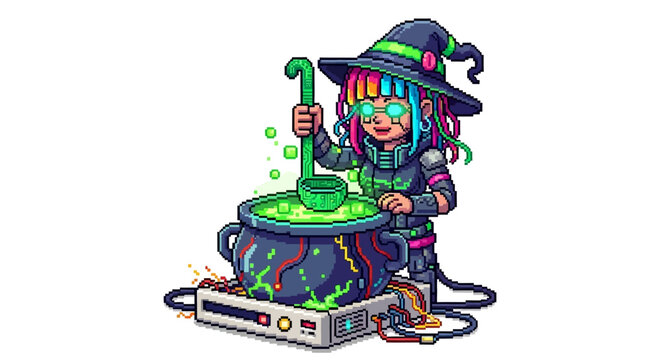 Pixel Art Witch Brewing Potion on Vintage Computer.