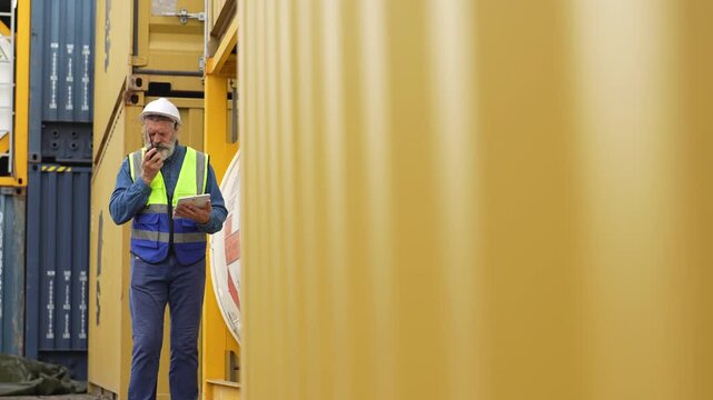 Engineer holding a structural conversion of a warehouse, Container Yard Logistics and Shipping.