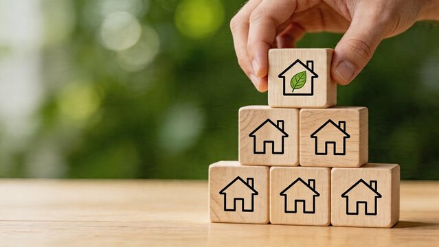 Business man woman hand placing eco house block with green leaf icon on pyramid wooden cube stack sustainable housing concept