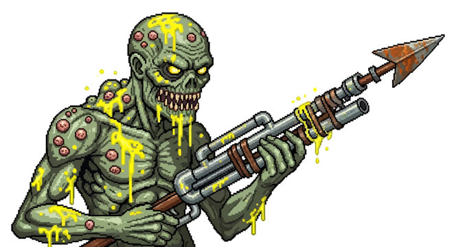 Horrifying Zombie Holding a Homemade Harpoon Gun.