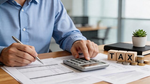 Businessman calculating tax deduction using calculator for financial accounting checking income tax report documents on office desk with coins blocks spelling TAX planning budget
