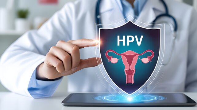 Doctor protecting HPV shield with finger on tablet screen