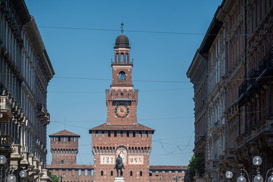 Filarete Tower of the Sforza Castle in Milan and the equestrian monument of Giuseppe Garibaldi in the foreground. Italy