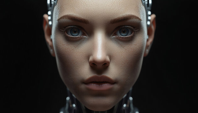 Android face features realistic human skin textures paired with complex metallic mechanical components.