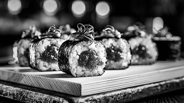 Salted plum umeboshi sushi rolls on a wooden serving board