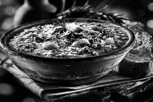 Rustic bowl of minestra di farro soup with fresh bread