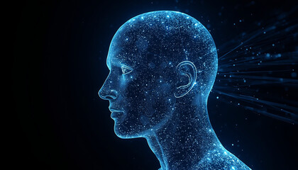 Obraz premium Human silhouette constructed from glowing stardust particles represents deep cognitive processes and the vast complexity of the human mind.