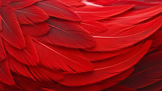 Close up view of red feather pattern. Soft bird plumage texture background. Bright organic material design element for creative projects, fashion themes, or romantic decoration backdrop.