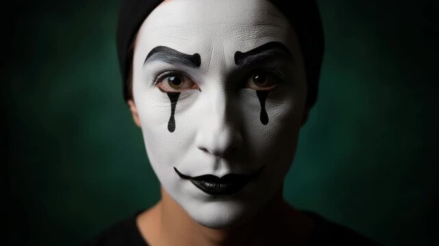 Close up of a female mime artist with white makeup and black tear lines