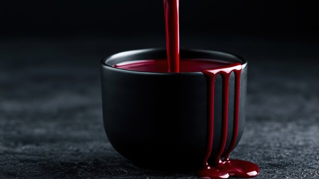 Bold, luxurious crimson liquid dramatically overflows from a sleek black ceramic cup onto a textured dark background