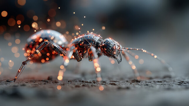 Robot ant moves on ground with lights and sparks in urban environment during nighttime