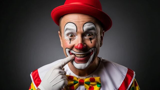 Happy clown with a red hat pointing to his cheek and smiling