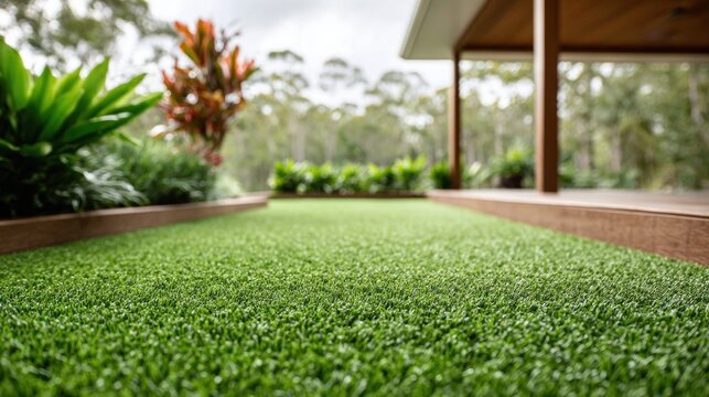 Artificial turf lawn with lush greenery and a modern home exterior