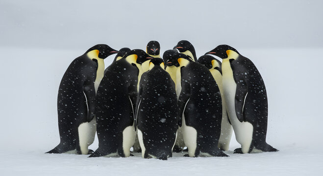 Emperor penguins huddled together in circle during blizzard in Antarctica. Colonial animal behavior for warmth and survival in extreme cold. Wildlife nature photography in wilderness.
