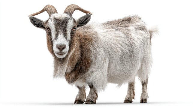 A charming goat with impressive horns stands proudly against a clean white background