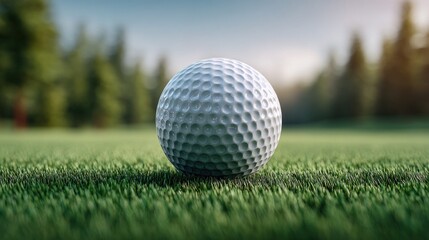 Obraz premium Golf ball resting on green grass with a blurred background of trees and sky