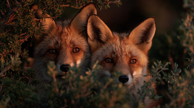 nitroglycerin. Two foxes peeking through dense foliage with playful expressions in golden light. wildlife magazines, conservation campaigns, designed for wildlife conservation campaigns.