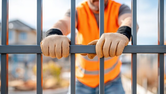 A worker in an orange vest grips metal bars, symbolizing prison or confinement, with a blurred background of a construction site or urban area.