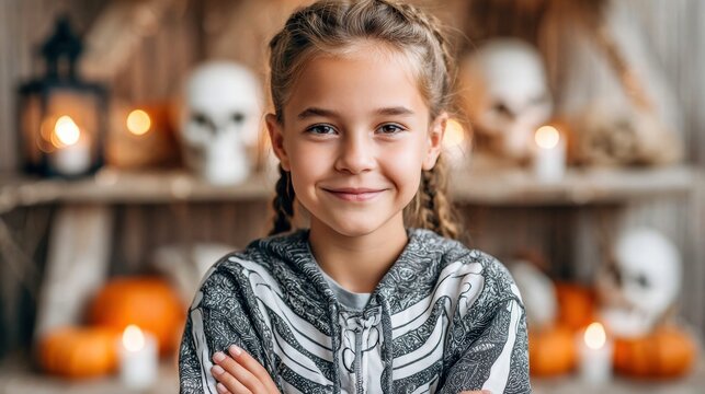 Smiling girl in skeleton hoodie celebrates Halloween with festive decorations.