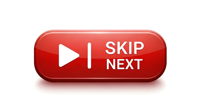 Isolated red glossy play button with text skip next, signifying progression and user control on a white background