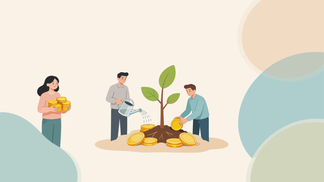 People growing money tree with coins