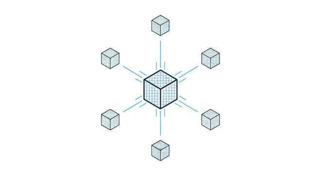 Central hub connecting multiple nodes, abstract network concept, data flow illustration.