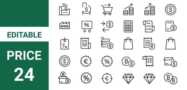 Price line icon set. Includes cost, transfer, payment
