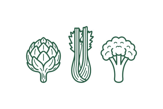 Healthy green vegetables outline icons including artichoke celery and broccoli.