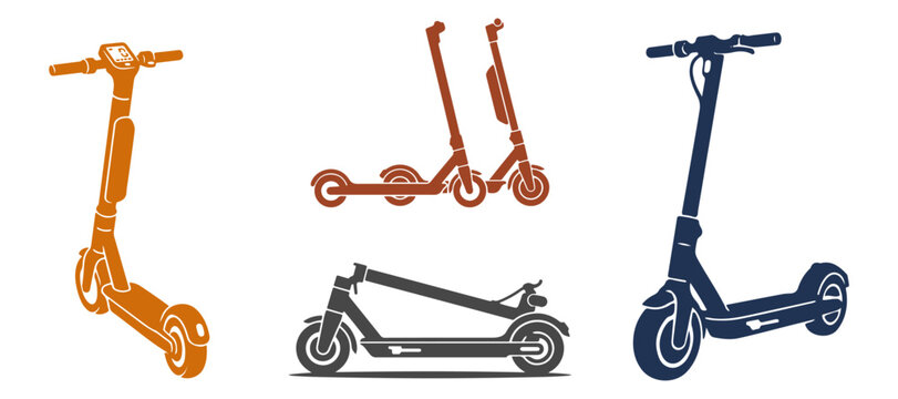 Electric Scooter Vector Silhouette Set: Urban E-Mobility, Renting Concepts, and Folded Kick Scooters Isolated on White
