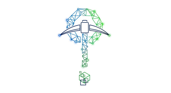 Digital Mining Concept: Pickaxe and Blockchain Network