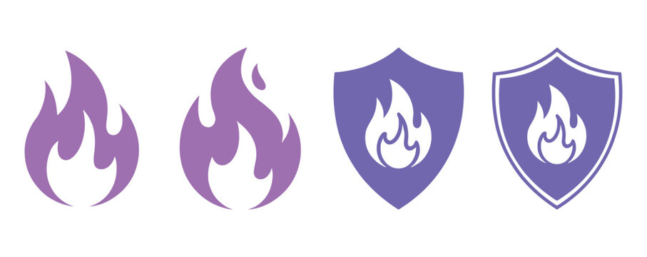 Four purple flame and shield on a white background, fire safety and protection symbols