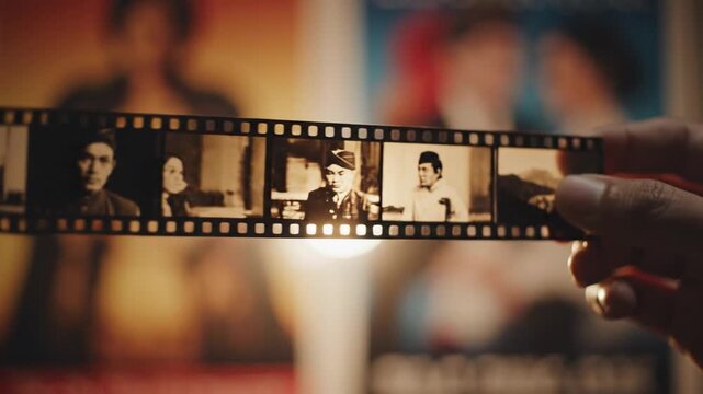 Person views vintage film strip with historical images
