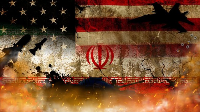 War and armed conflict threaten peace between the United States and Iran. Against the backdrop of tattered national flags, the silhouettes of jets, missiles, and tanks appear amidst swirling smoke