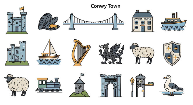 Collection of pixel art icons representing UK landmarks, castles, sheep, and transportation, perfect for travel guides or historical projects