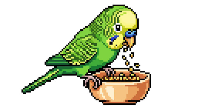Pixel Art Budgerigar Bird Eating Seeds From Bowl.