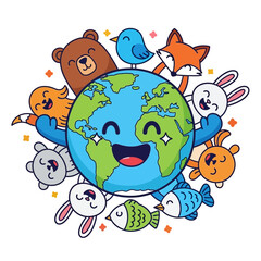Fototapeta premium Happy Earth Embraces Diverse Animals in a Joyful, Whimsical Scene
