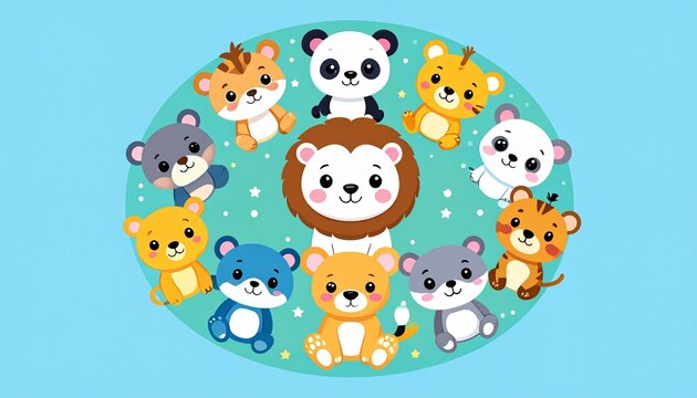 S&uuml;&szlig;e Tierbabys im Kreis &ndash; Panda, Elefant und L&ouml;we Illustration