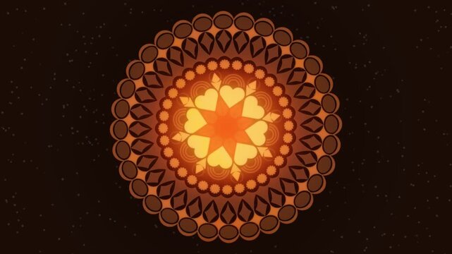Yellow and Orange Color Abstract Mandala, A vibrant orange and yellow mandala design centered against a dark starry background. Colorful Mandala
